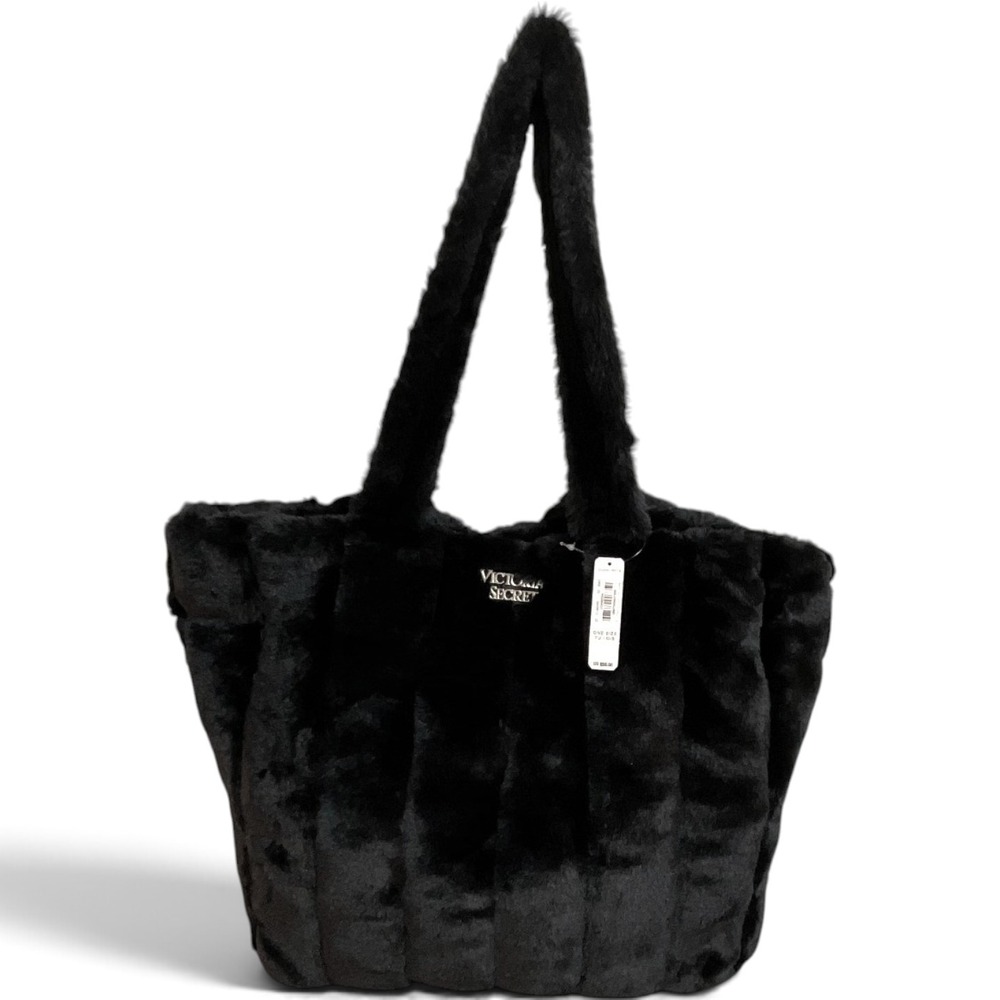 Victorias Secret Black Faux Fur Tote Bag Oversized Plush Shoulder Bag NWT